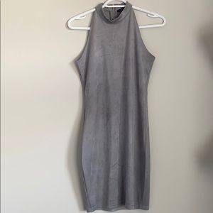 Grey Suede High Neck Fitted Dress